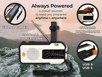 Emergency power radio with solar panel and hand-crank charging, plus USB ports