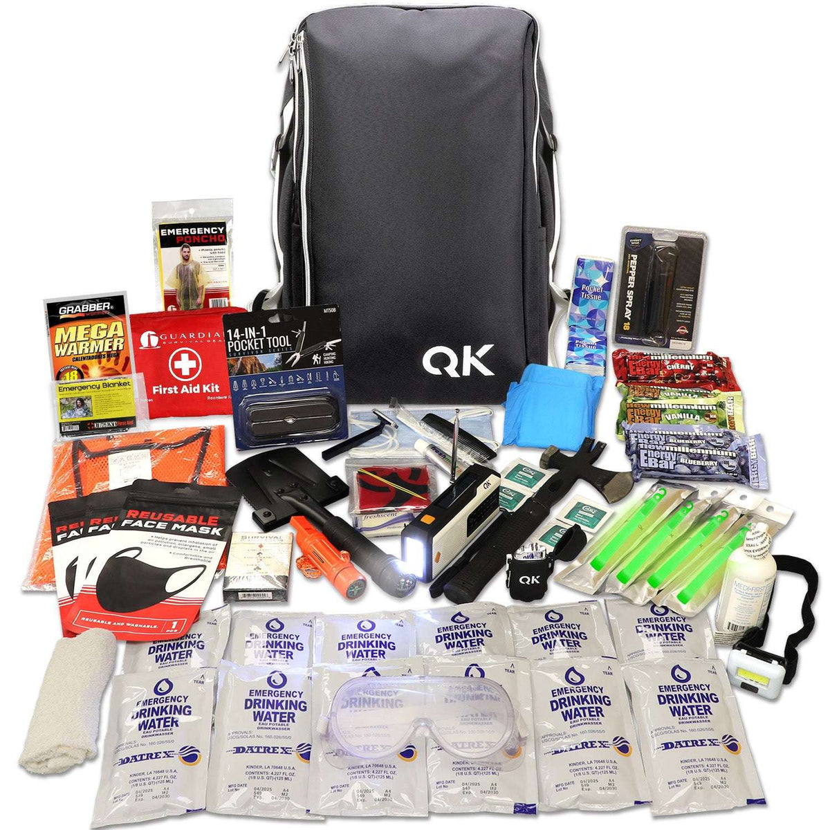 Black survival backpack kit with emergency supplies and tools laid out