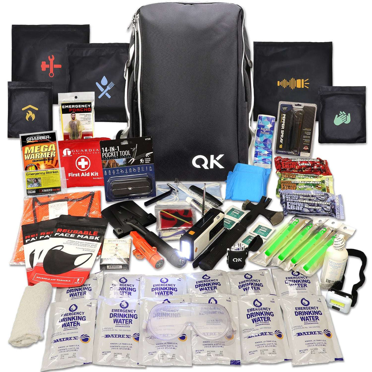 Stealth black urban survival kit backpack with assorted emergency supplies