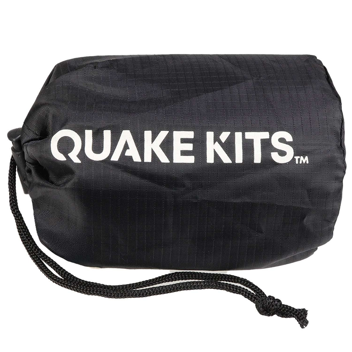 Quake Kits emergency bivvy sleeping bag, black roll-up with drawstring and logo