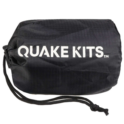 Quake Kits emergency bivvy sleeping bag, black roll-up with drawstring and logo