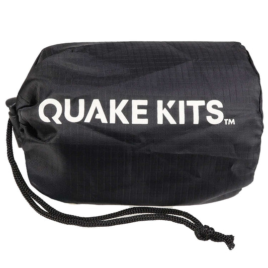 Quake Kits emergency bivvy sleeping bag, black roll-up with drawstring and logo