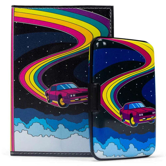 RFID passport cover and card wallet set with rainbow space car print, black trim