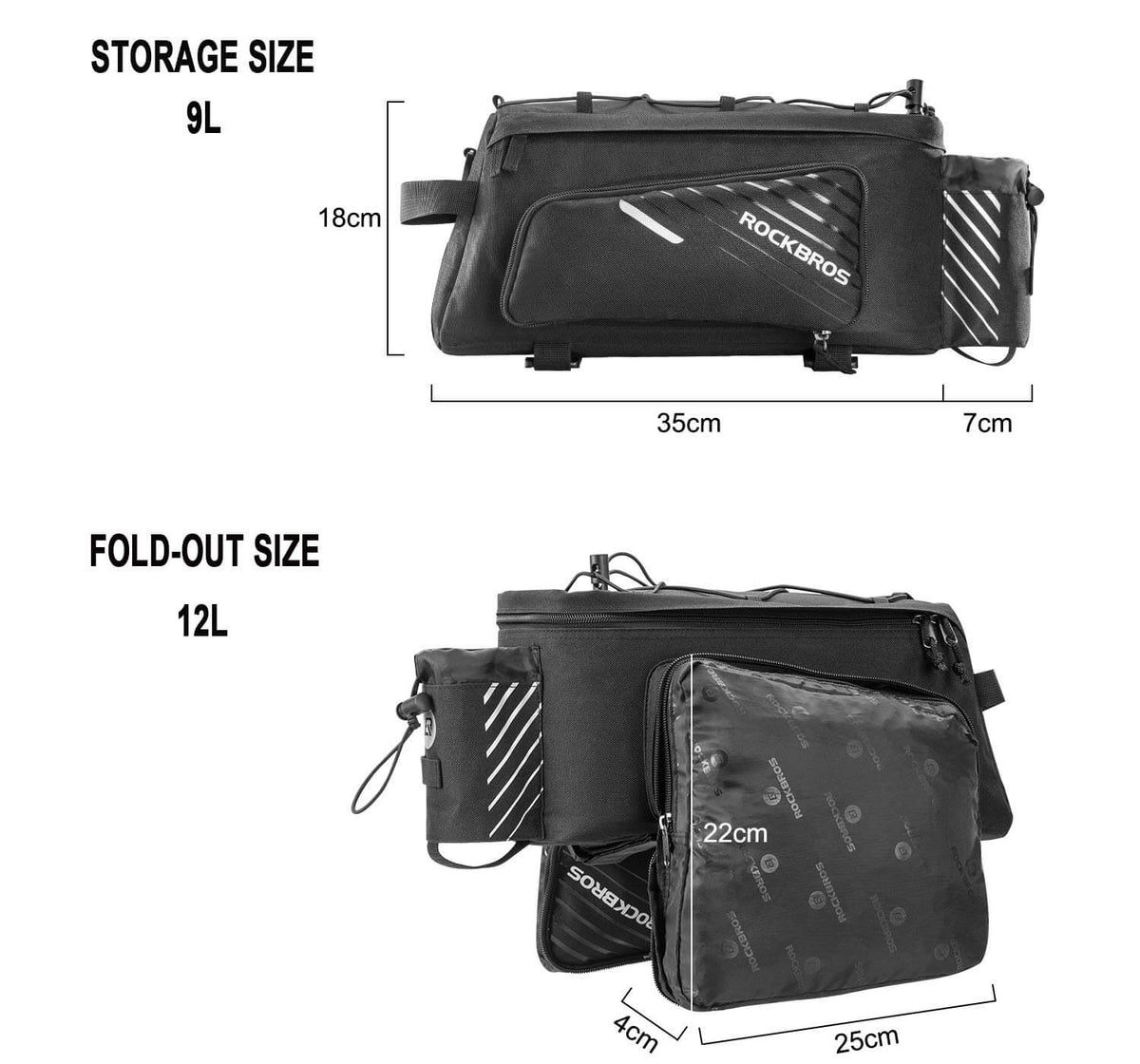 Black bike rack bag showing compact and expanded fold-out storage configuration