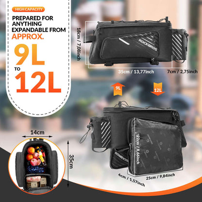 Expandable black bike rack bag with front storage pocket and side attachment straps