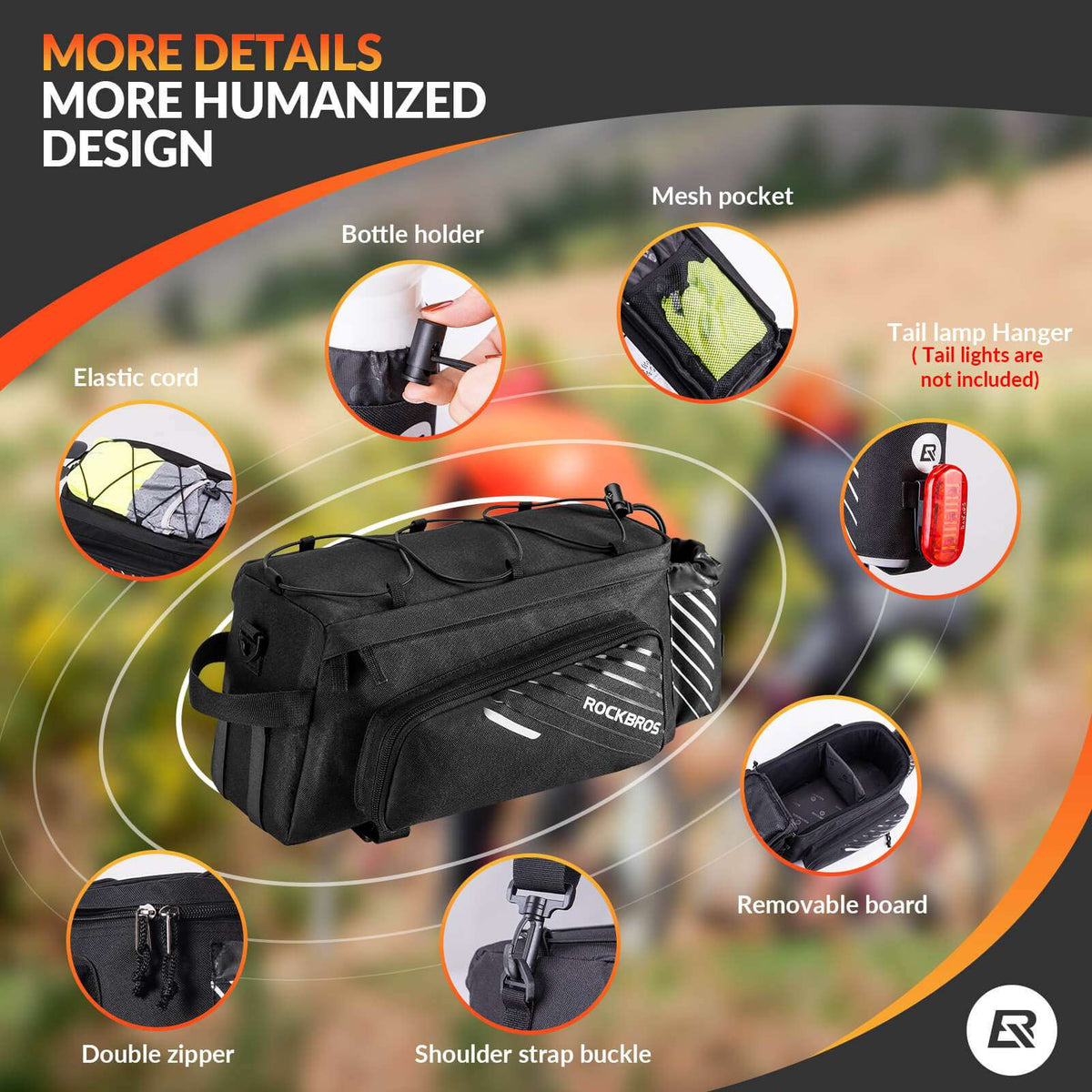 Black bike rack bag with mesh pocket, bottle holder, and removable board