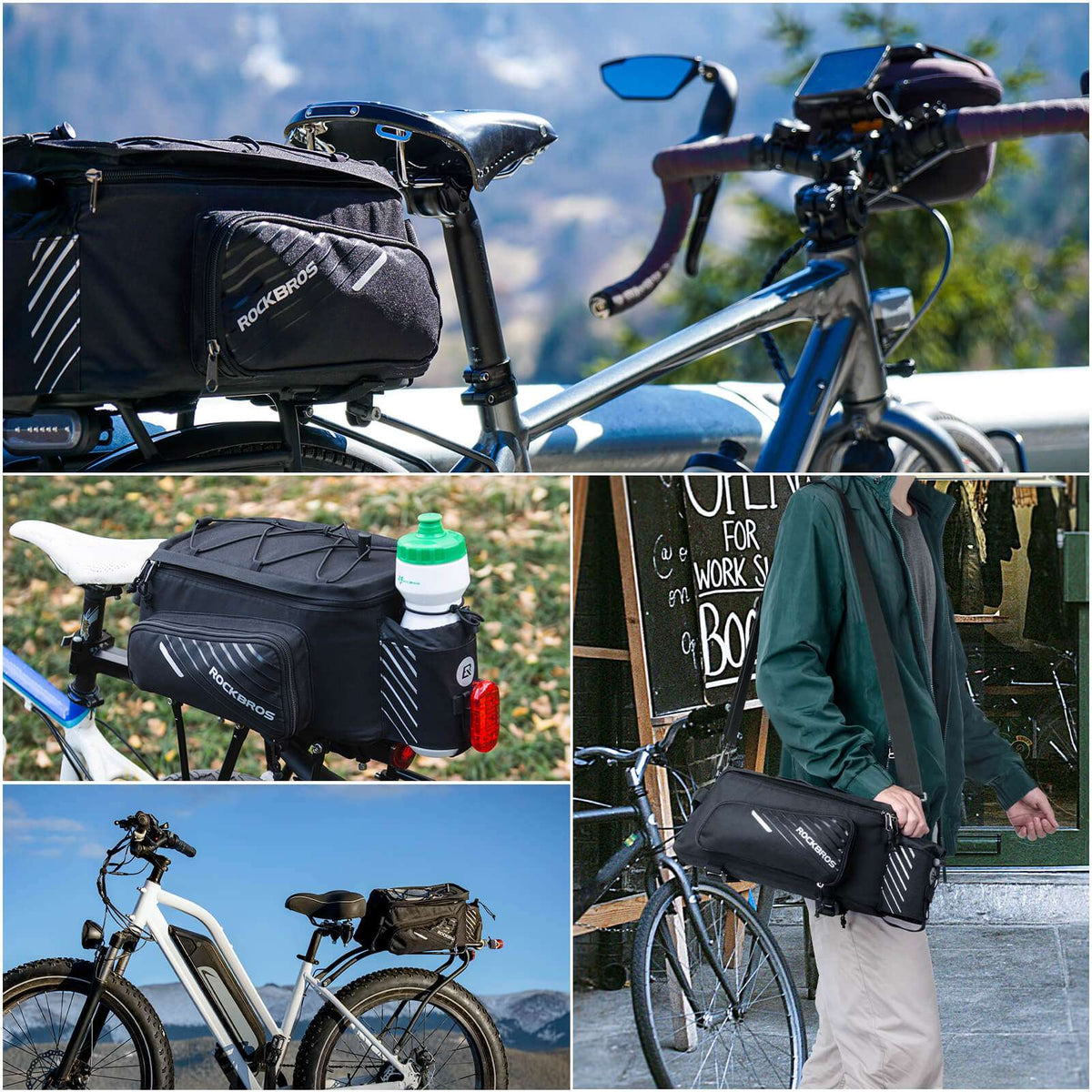 Black bike rack bag on bicycle with side zip pocket and water bottle holder
