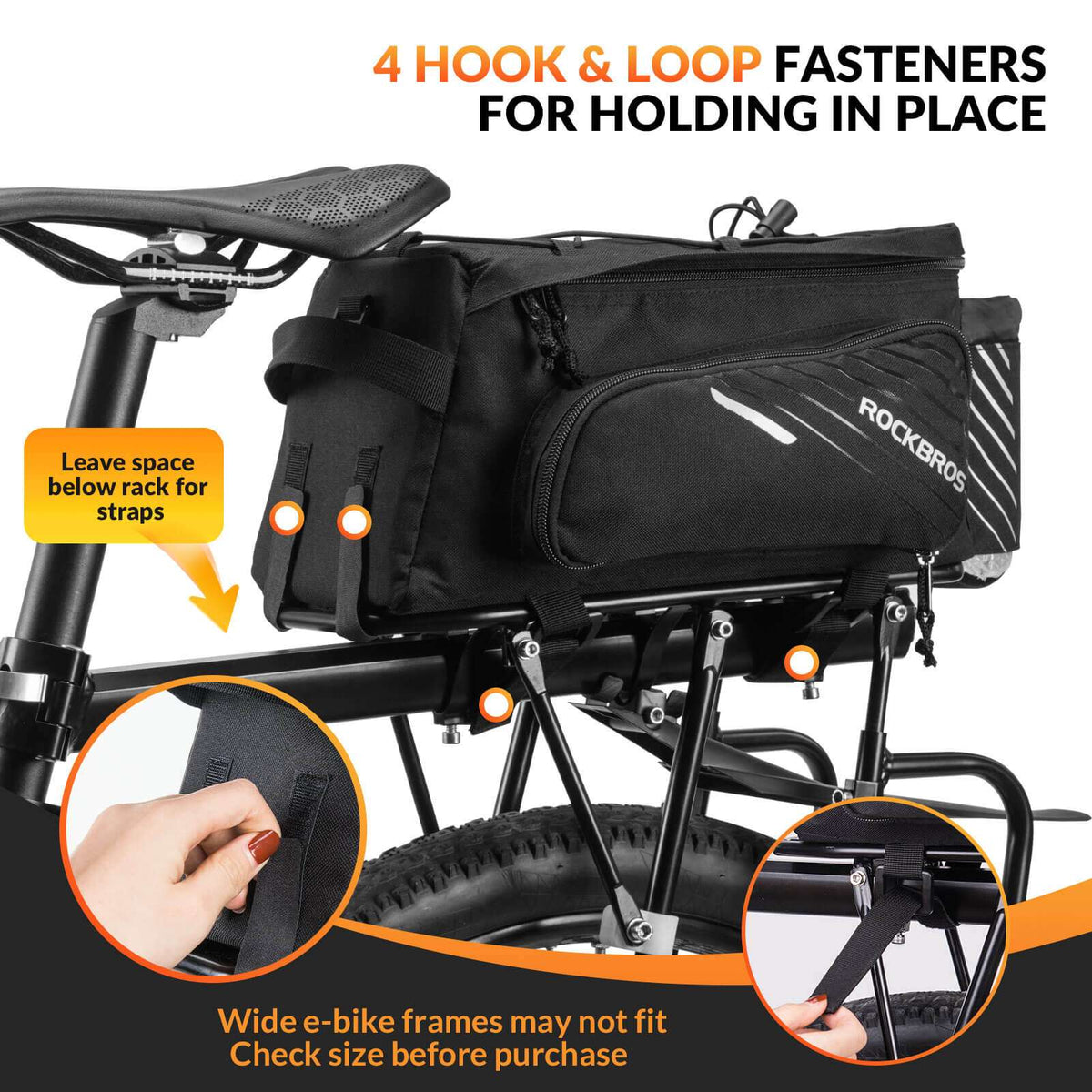 Black bike rack bag with hook-and-loop straps for rack mounting and side zip pocket