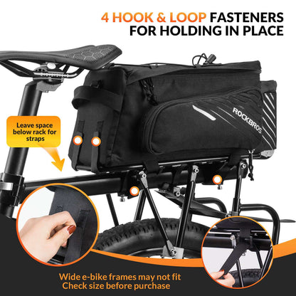 Black bike rack bag with hook-and-loop straps for rack mounting and side zip pocket