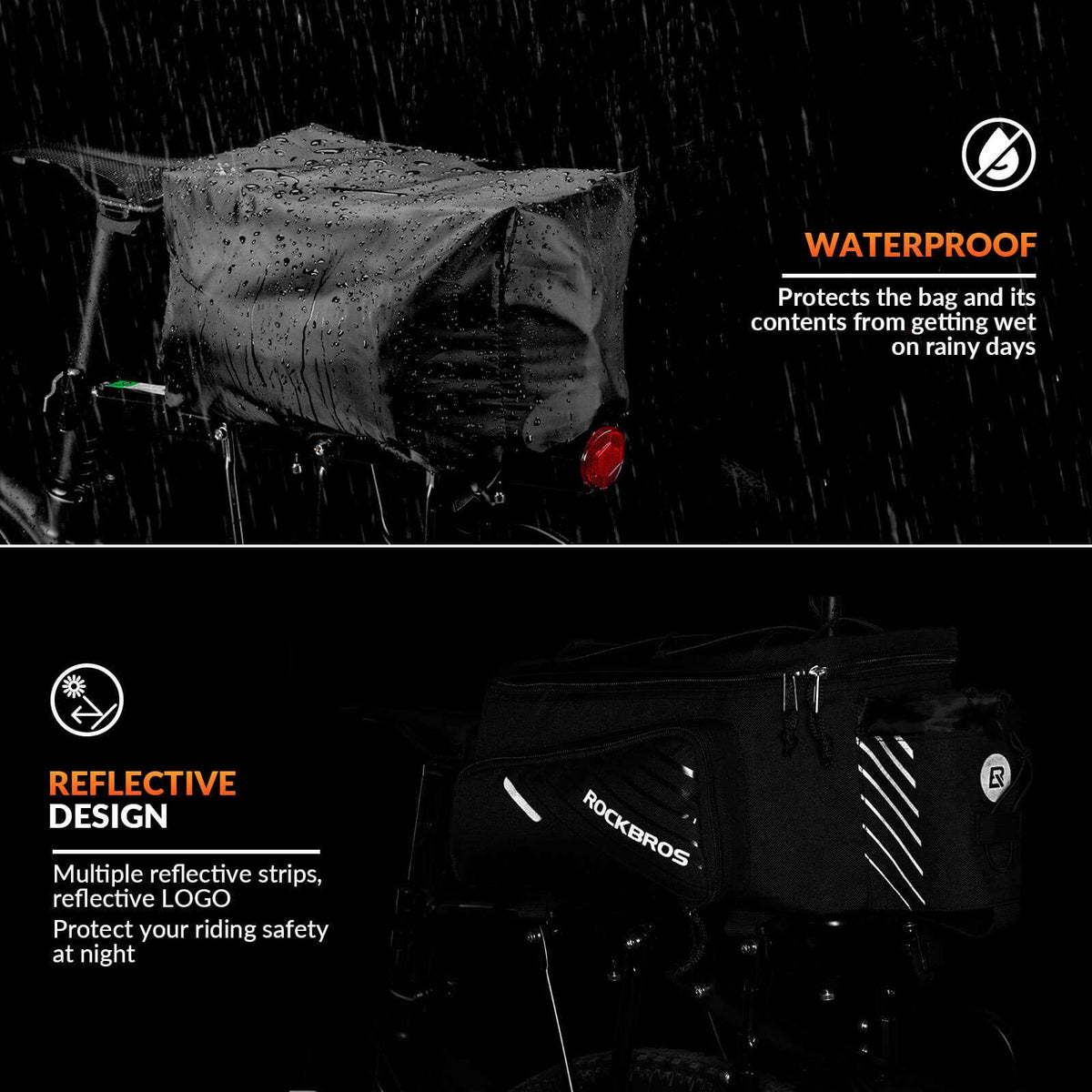 Black bike rack bag with waterproof rain cover and reflective strip accents