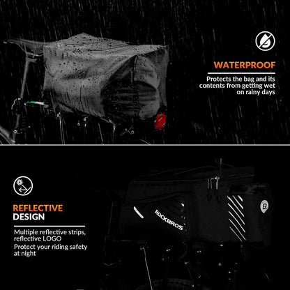 Black bike rack bag with waterproof rain cover and reflective strip accents