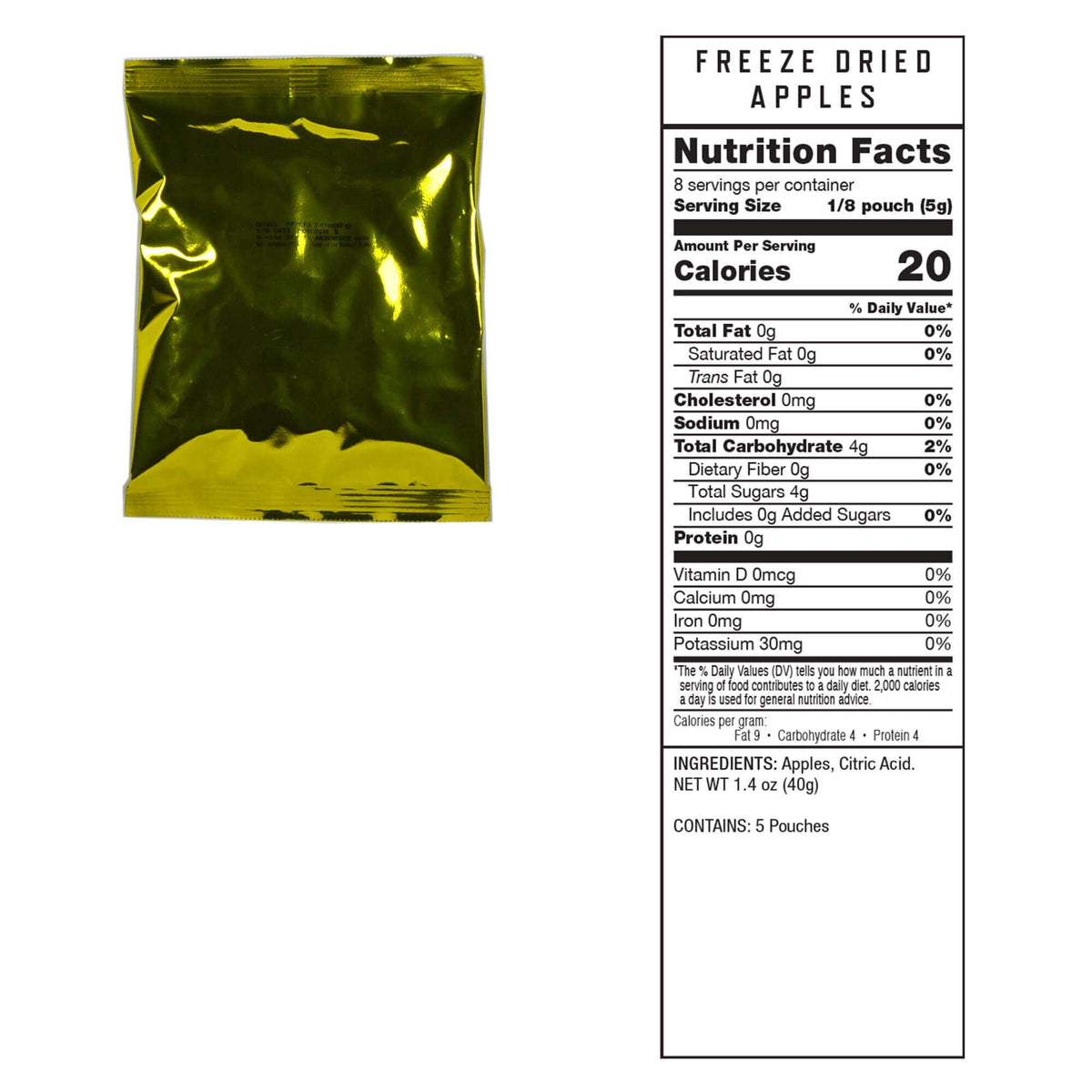Freeze-dried apples pouch with nutrition facts label
