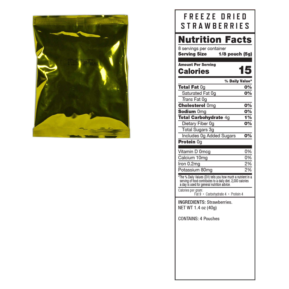 Freeze-dried strawberries pouch with nutrition facts label