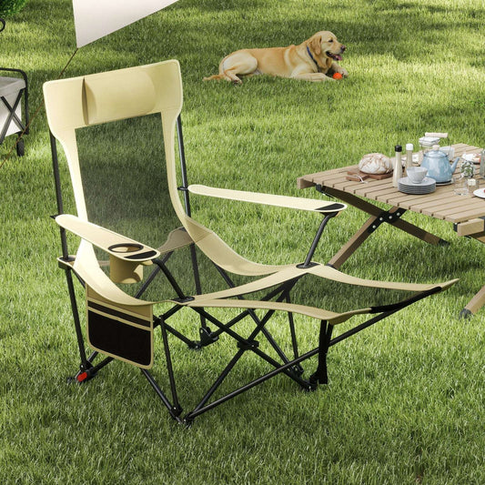 Light green reclining camping chair with adjustable backrest and removable footrest