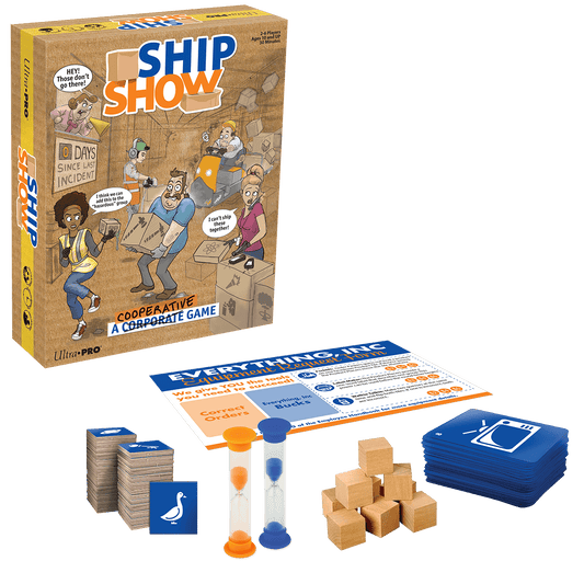 Cooperative board game box with laid-out components, cards, and plastic pieces