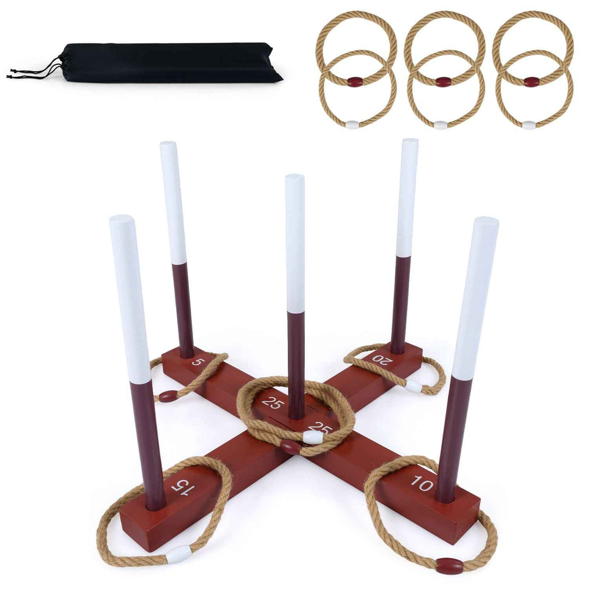 Ring toss game set with rope rings, burgundy base, white poles, and storage bag