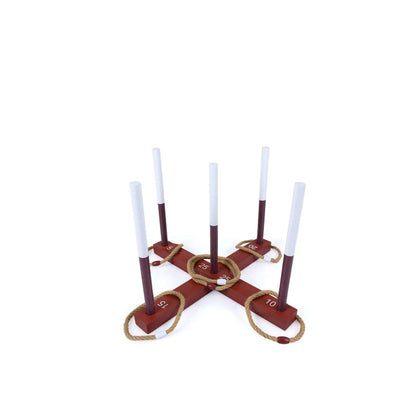 Wooden ring toss target with 4 stakes and 6 rope rings on coiled bases