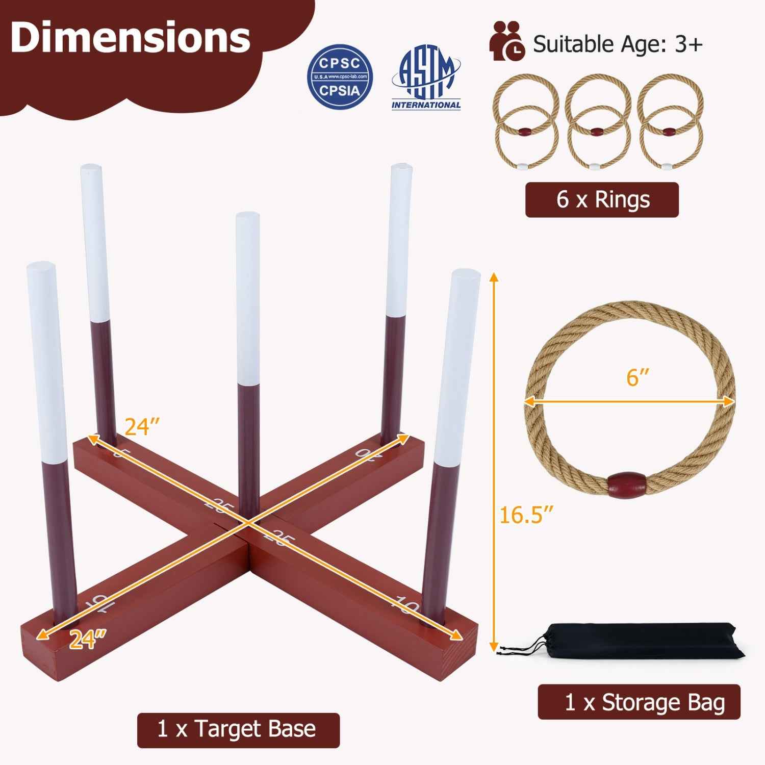 Ring Toss Game Set | 6 Hemp Rope Rings & Storage Bag | Solid Wood | Ages 3+