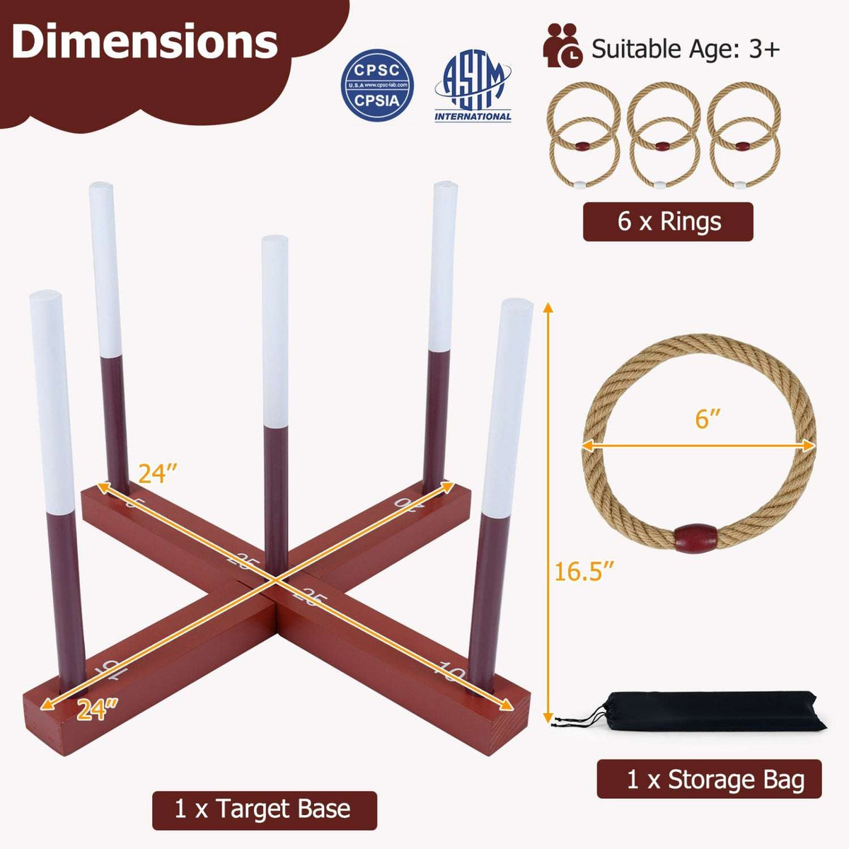 Ring toss set with wooden target base, 4 stakes, 6 rope rings, and storage bag