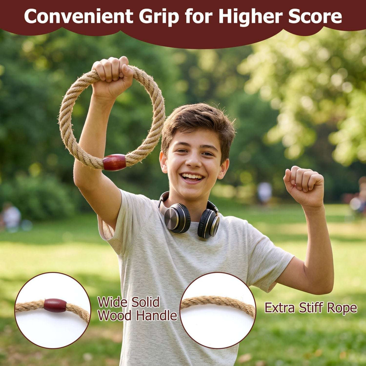 Rope ring with dark red-brown center and thick coiled rope for ring toss