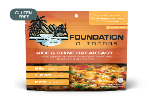 Freeze-dried breakfast meal pouch, orange package with Rise & Shine title, gluten-free