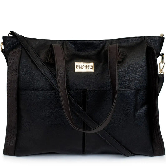 Black vegan leather weekender bag with front logo patch and adjustable crossbody strap