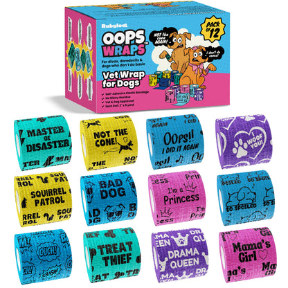 Rubyloo Oops Wraps™ | Non-Stick Cohesive Vet Wrap for Dogs | Funny Sayings | 6 or 12 Pack