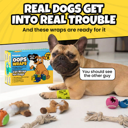 Rubyloo Oops Wraps™ | Non-Stick Cohesive Vet Wrap for Dogs | Funny Sayings | 6 or 12 Pack