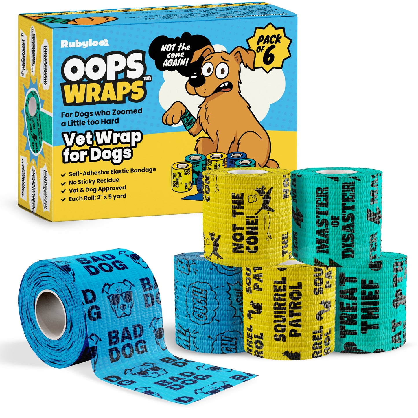 Rubyloo Oops Wraps™ | Non-Stick Cohesive Vet Wrap for Dogs | Funny Sayings | 6 or 12 Pack