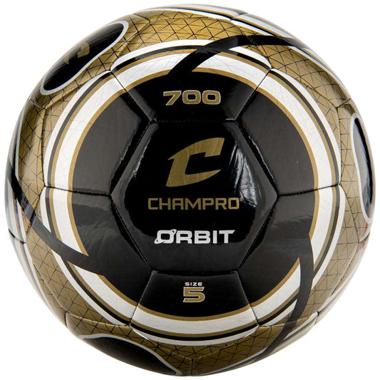 Black and gold Orbit soccer ball with white stripes, 700 marking, size 5