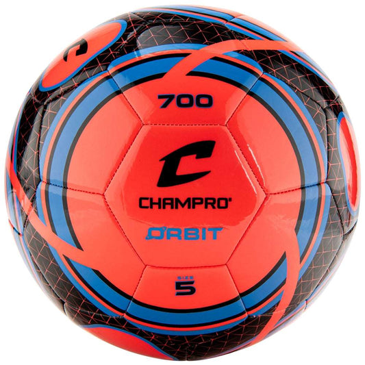 Red and black Orbit soccer ball with blue stripes, 700 marking, size 5