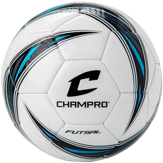 Size 4 futsal ball with CHAMPRO logo, white panels with blue and black stripes.