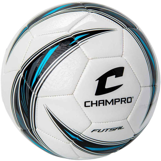 Size 4 futsal ball, white with blue/black graphics and CHAMPRO emblem.