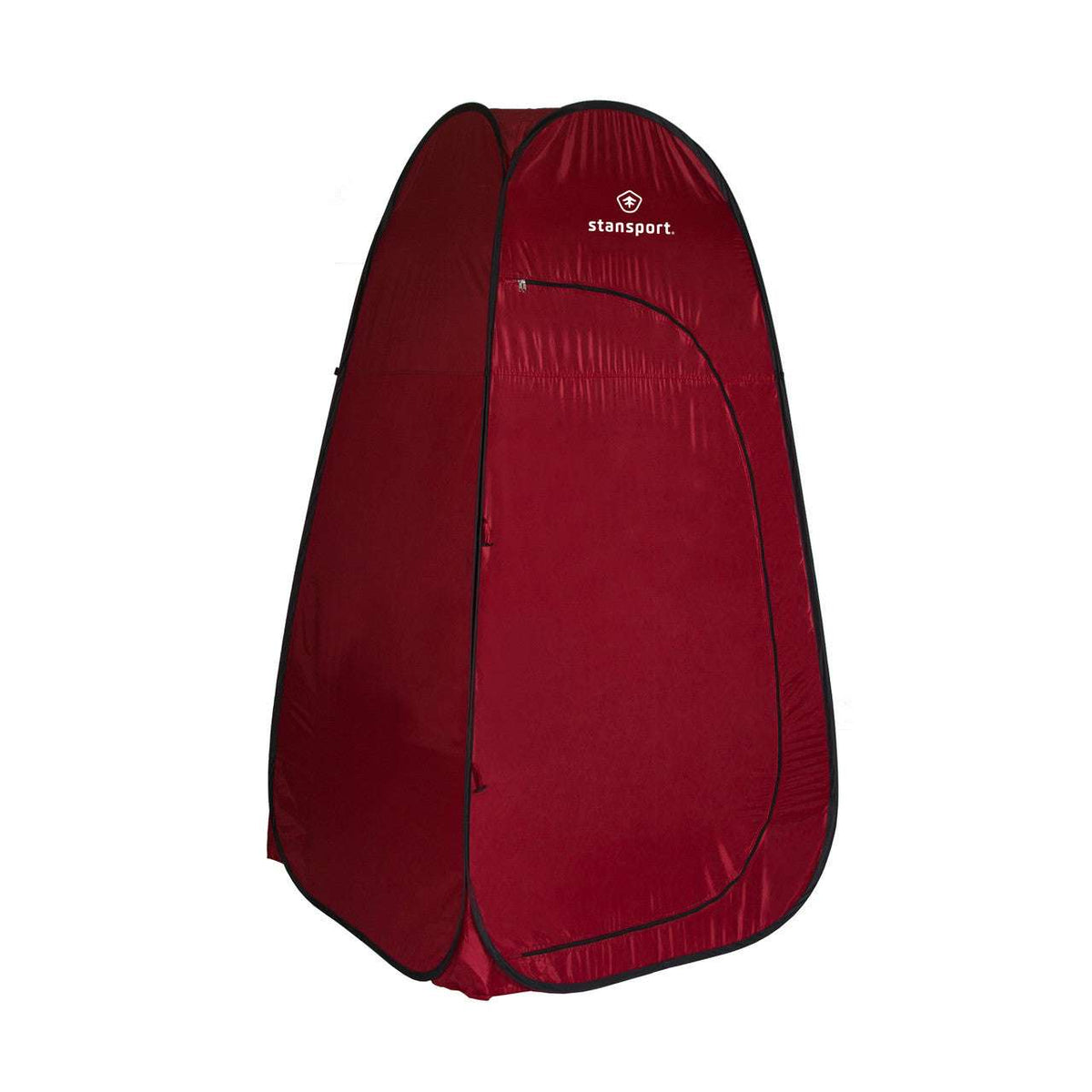 Red pop-up privacy and shower tent with front door and side mesh panels