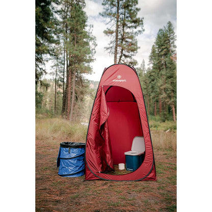 Red shower privacy tent with front entry opening and freestanding floor