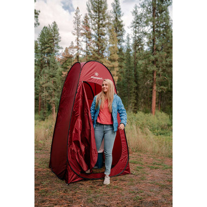 Red privacy shower tent with open side flap and full-height interior