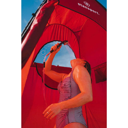 Red tent doorway with mesh window and zippered interior access panel