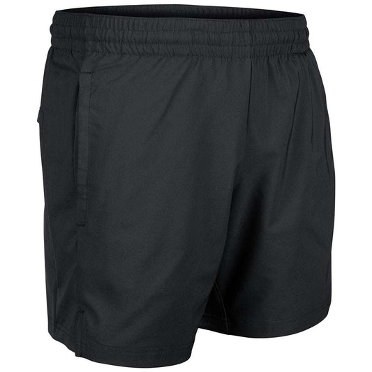 Black tech stretch woven shorts, 7-inch inseam; elastic waistband, side pockets (front)