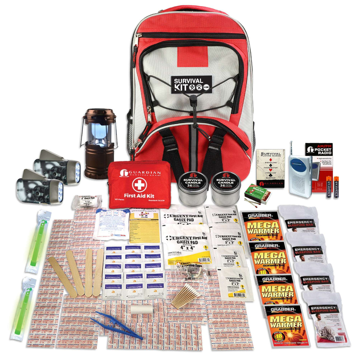 Family emergency kit backpack in red and black with survival supplies laid out