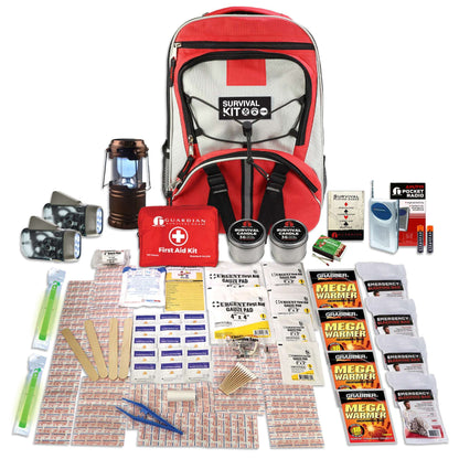 Family emergency kit backpack in red and black with survival supplies laid out