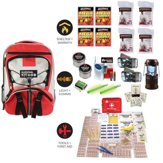 Emergency kit backpack with survival canisters, radios, first aid, and warming packs