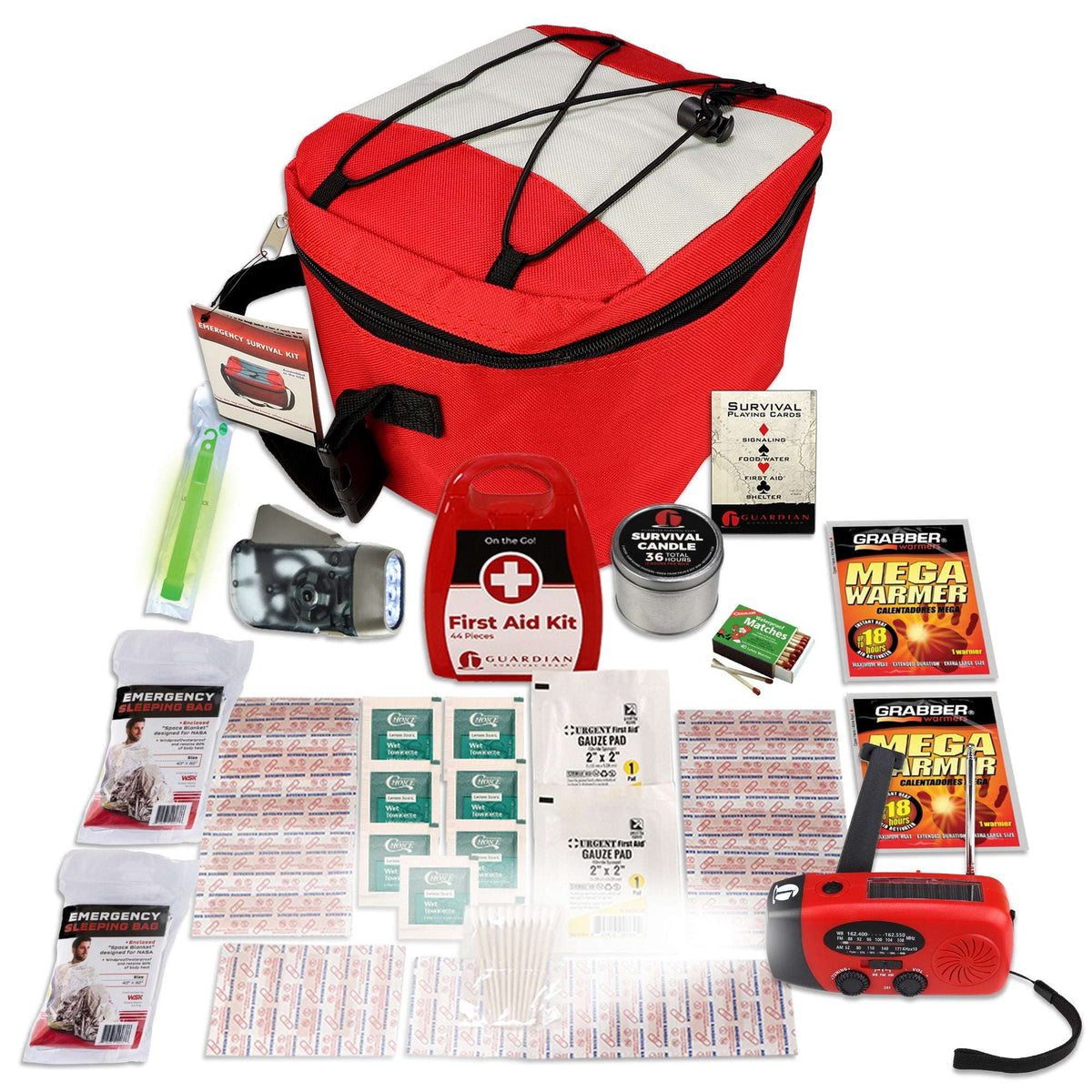 Red emergency power outage kit bag with black straps and included survival supplies