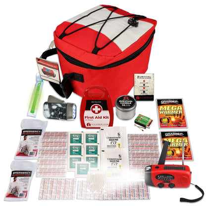 Red emergency power outage kit bag with black straps and included survival supplies