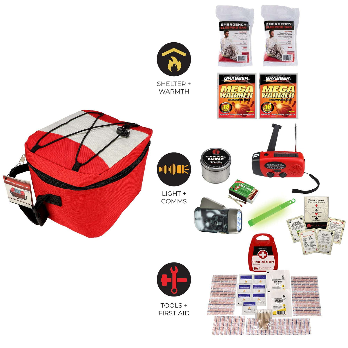 Red blackout emergency kit bag with flashlight radio, first-aid, and emergency documents