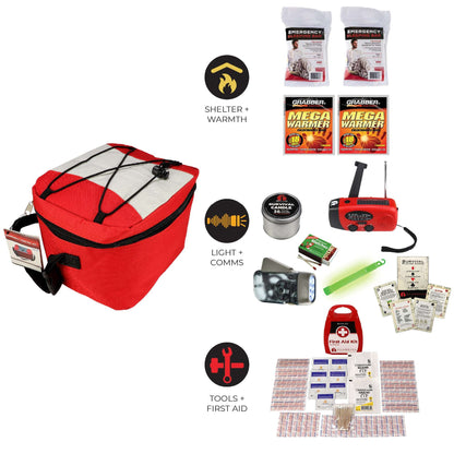Red blackout emergency kit bag with flashlight radio, first-aid, and emergency documents