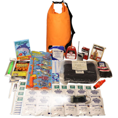 Orange waterproof dry bag emergency survival kit with children’s supplies and tools