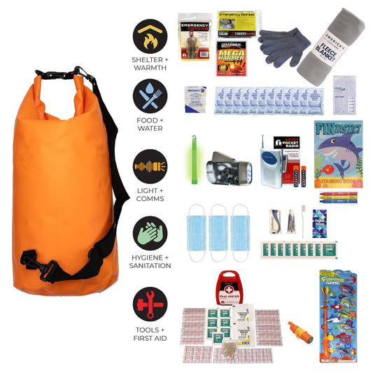 Orange waterproof dry bag emergency survival kit with gloves, water packets, and first aid