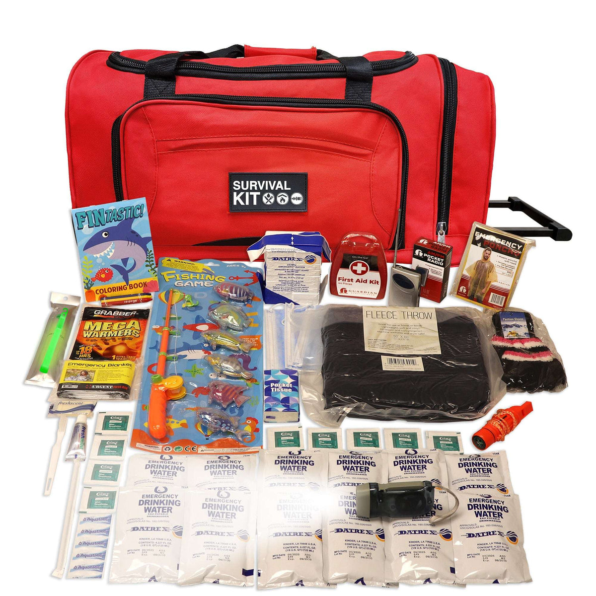 Red children’s 72-hour survival kit with rolling bag, open with emergency supplies