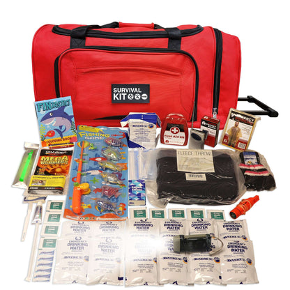 Red children’s 72-hour survival kit with rolling bag, open with emergency supplies
