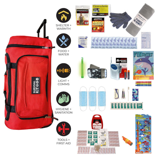 Red survival kit rolling bag with handle, shown with packaged emergency supplies and tools